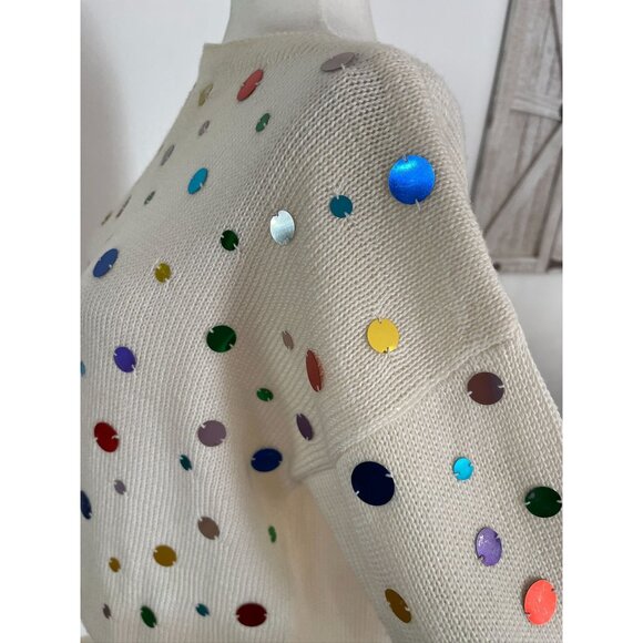 Vintage 1980's Sequin Sweater with Rainbow Stripe Waistband, Long Sleeve Pullove - Picture 2 of 8